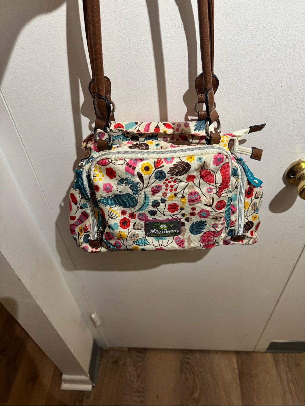 Lily Bloom Cream Floral Canvas Crossbody with Brown Straps